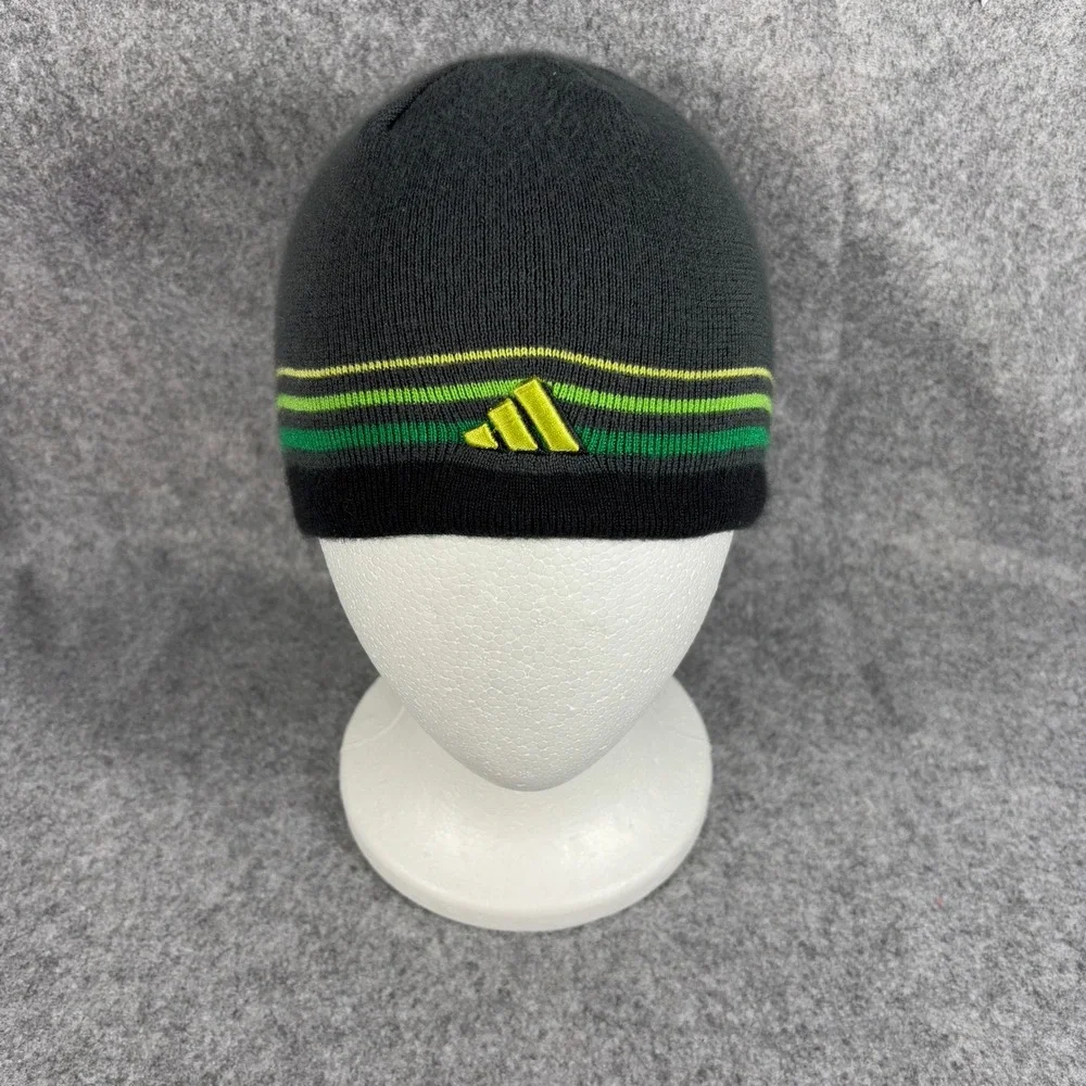 Adidas Unisex Striped Knit Beanie Hat OSFA Grey Green Yellow Embroidered Logo